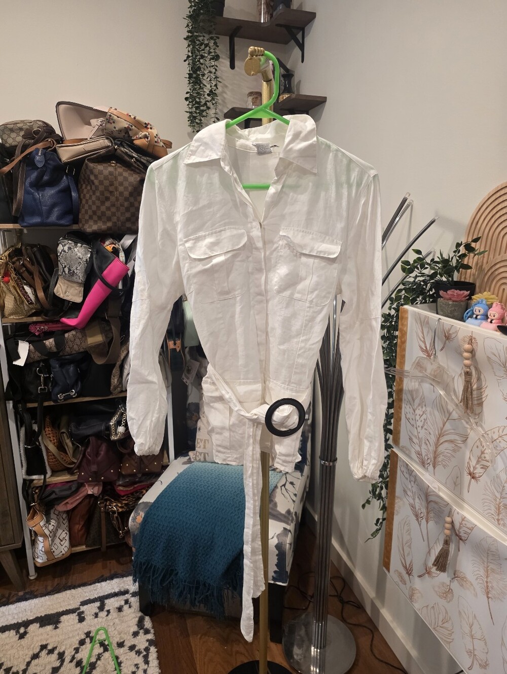 Vintage White Button-Front Utility Shirt with Belt